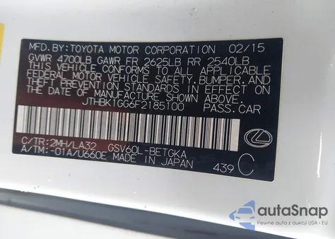 2015 Lexus Es 350 Crafted Line from USA, damaged, VIN JTHBK1GG6F2185100